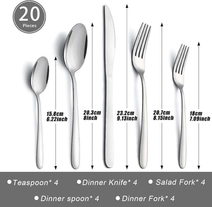 Cutlery Set for 4 People, APEO 20 Piece Food-Grade Stainless Steel Flatware Set, Silverware Set Includes Forks, Spoons and Knives, Utensils Set for Family/Party/Restaurant, Dishwasher Safe