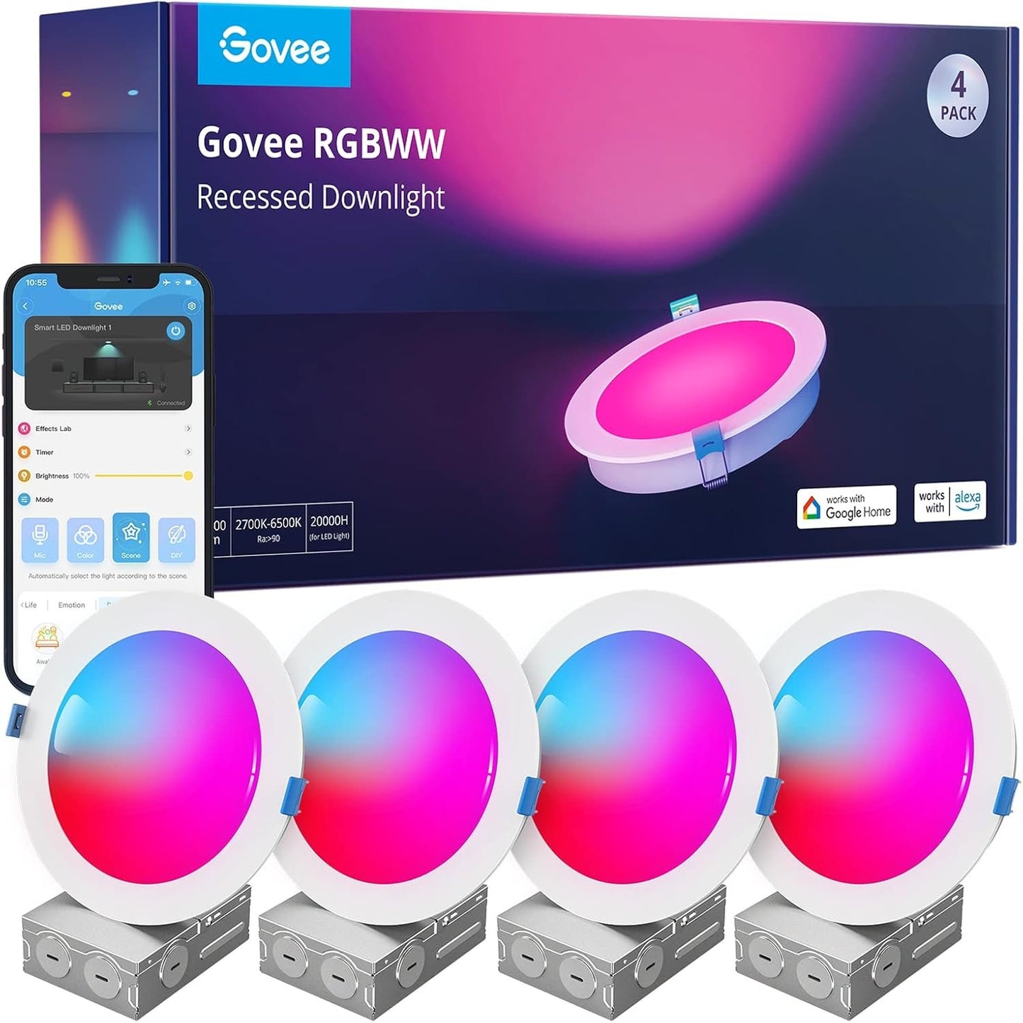 Govee Smart Recessed Pot Lights 6 Inch, Wi-Fi Bluetooth Direct Connect RGBWW LED Downlight, 65 Scene Mode, Work with Alexa & Google Assistant with Junction Box, 1100 Lumen, 4 Pack