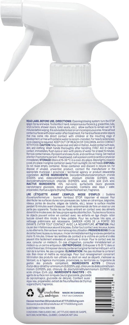 ATTITUDE Bathroom Cleaner Disinfectant 99.99%, Made in Canada, Eliminates Bacteria, Germs and Viruses, Vegan, Lavender and Thyme, 800 mL