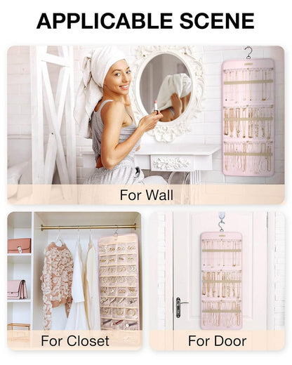 BAGSMART Hanging Jewelry Organizer Storage Roll with Hanger Metal Hooks Double-Sided Jewelry Holder for Earrings, Necklaces, Rings on Closet, Wall, Door, 1 piece, Large, Pink