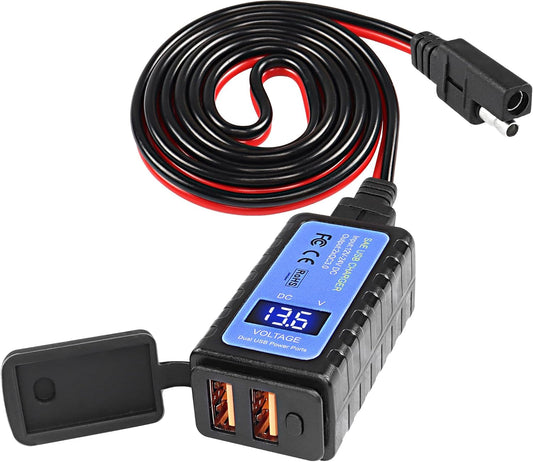 MEIRIYFA Motorcycle USB Phone Charger, SAE to Dual USB Phone Tablet GPS Charger Adapter 3A Fast Charger with Dual USB QC3.0, Voltmeter, ON/Off Switch Waterproof Motorcycle Accessories