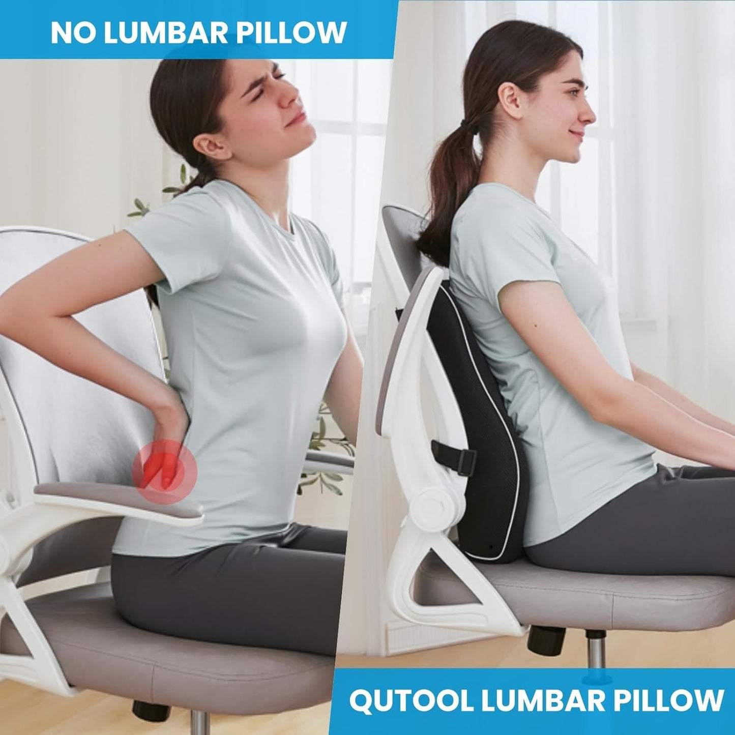 Lumbar Support Pillow for Office Chair Car Memory Foam Back Cushion Back Pain Relief Improve Posture Large Back Pillow for Computer, Gaming Chair, Recliner with Mesh Cover Double Adjustable Straps