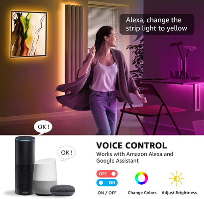 LE Waterproof Smart LED Light Strip, Work with Alexa and Google Assistant Led Lights, Support Voice/APP/Remote/in-line 4 Control Ways, 5050 SMD LEDs Brightness Dimmable LED Lights Strip (32.8ft)