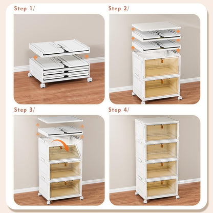 4 Tier Stackable Storage Bins with Lids, 28Qt Plastic Storage Containers with Magnetic Doors & Wheels, Convenient Storage Bins Closet Organizers, Household Organization for Home, Party, Office, Dorm
