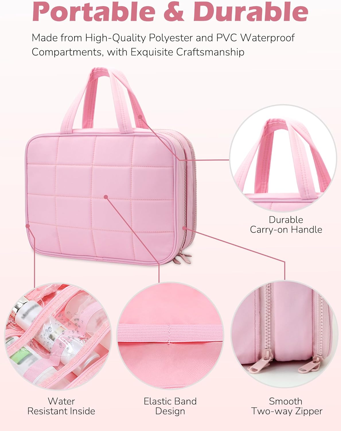 Travel Toiletry Bag for Women, Wide-Open Makeup Pouch,Hanging Toiletry Bag with Hook,Travel Storage Organizer for Skin Care Cosmetics Toiletries Full Sized Container (Black)