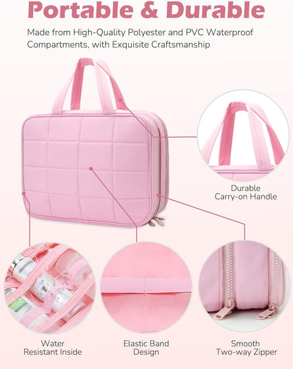 Travel Toiletry Bag for Women, Wide-Open Makeup Pouch,Hanging Toiletry Bag with Hook,Travel Storage Organizer for Skin Care Cosmetics Toiletries Full Sized Container (Black)