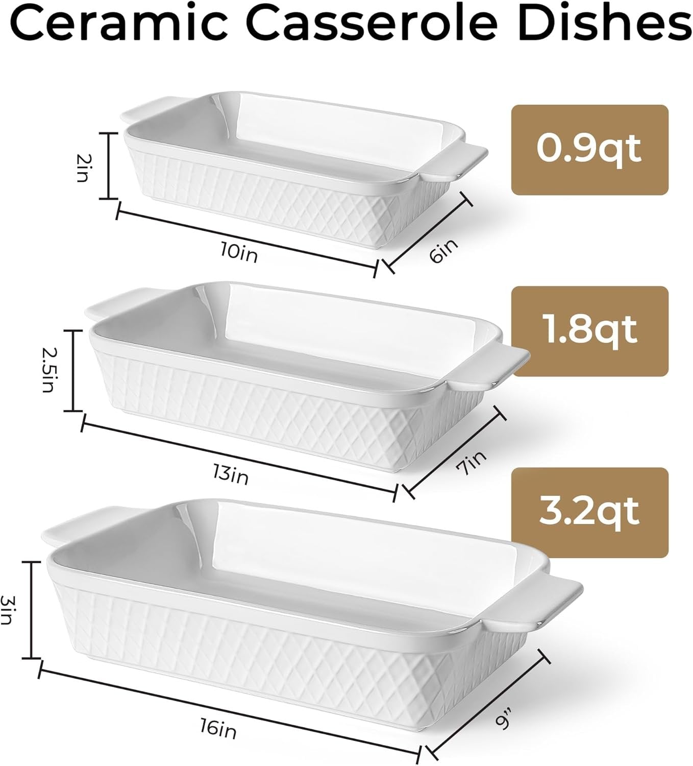 MIAMIO - Casserole Dish Set of 3 / Ceramic Rectangular Baking Pan, 3-Piece Stackable Bakeware Sets, 850 ml, 1650 ml, 2900 ml - Dishwasher and Oven Safe - Palmanova Collection