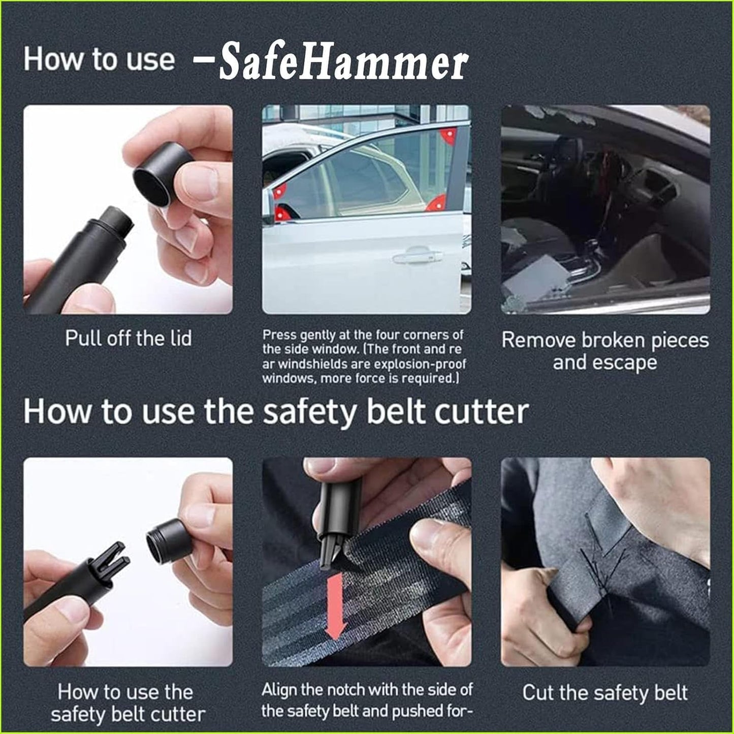 Safehammer Safe Hammer Glass Breaker, Safe Hammer and Seat Belt Cutter with Mount, 2-in-1 Emergency Escape Tool for Rescue, Disaster, Escape (Black,3pcs)