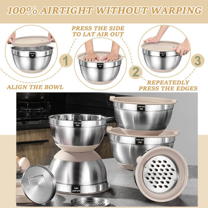 Umite Chef Mixing Bowls with Airtight Lids Set, 26PCS Stainless Steel Khaki Grater Attachments, Non-Slip Bottoms & Kitchen Gadgets Size 7, 4, 2.5, 2.0,1.5, 1QT, Great for Serving