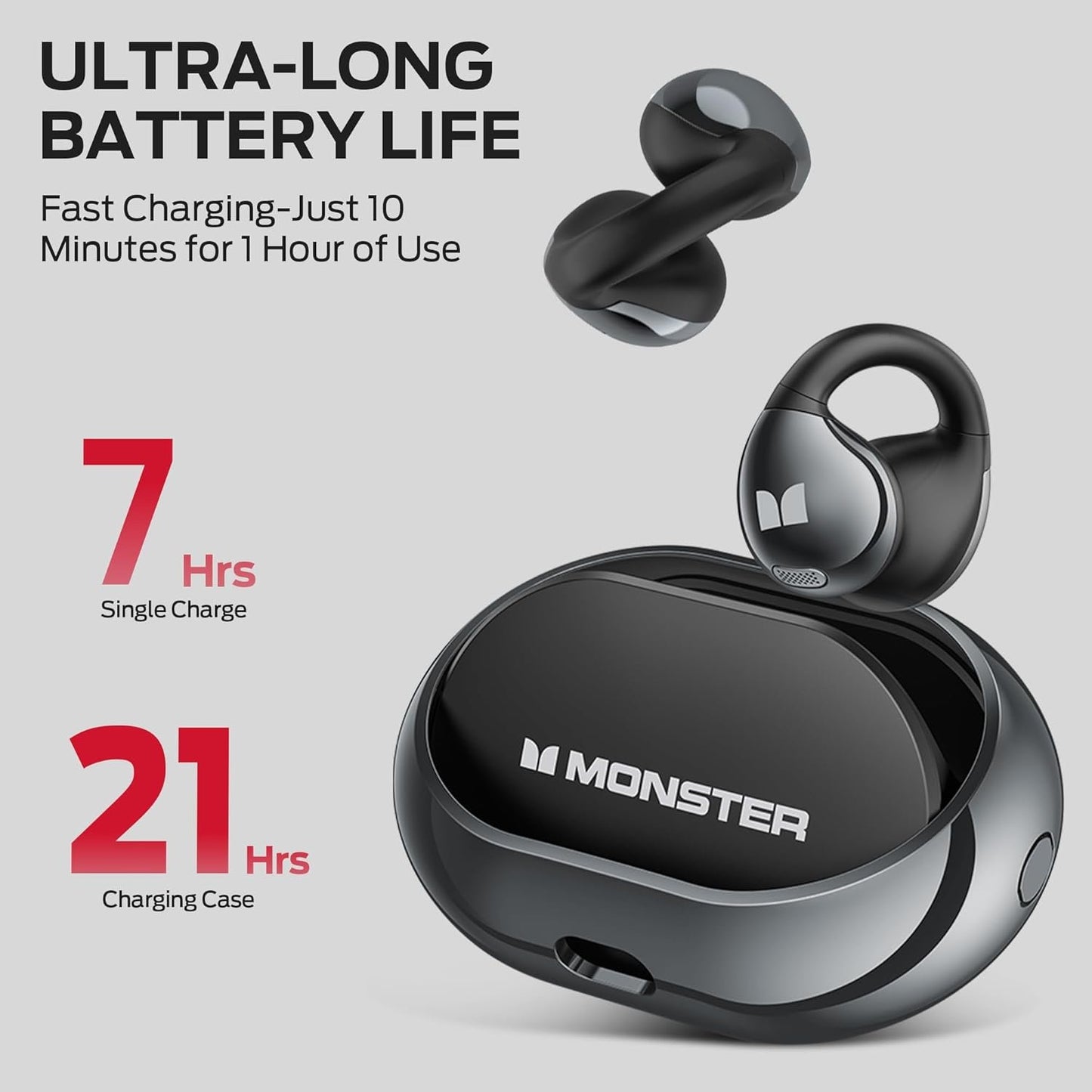 Monster Wireless Earbuds, Bluetooth 5.4 Clip-On Earbuds with HiFi Stereo,Open Ear Headphones with ENC Clear Call, 21H Playtime, Fast Charge, Touch Control,IPX6 Waterproof Wireless for Workouts,Outdoor