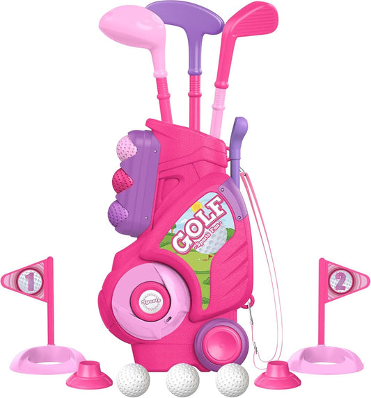 Liberry Toddler Golf Set for 2 3 4 5 Years Old, Upgraded Kids Golf Cart with Unique Shoulder Strap Design, Indoor and Outdoor Golf Toys for Boys Girls (Pink)