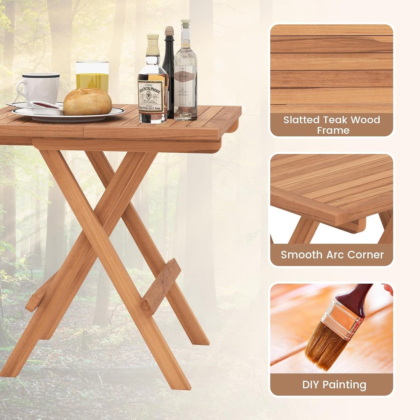 HAPPYGRILL Square Folding Patio Side Table, Indonesia Teak Wood Dining Table with Slatted Tabletop, Sturdy X-Shaped Frame, Outdoor Patio End Table for Garden Deck Porch Balcony Backyard Camping