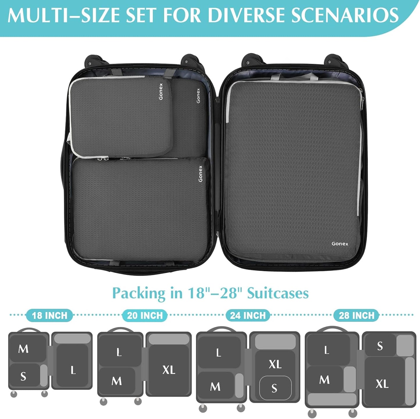 Gonex 4 Piece Set Storage Suitcase Storage Bag Portable Cosmetic Clothing Expandable Cubes, Packing Cube Set Travel Organizer, Grey
