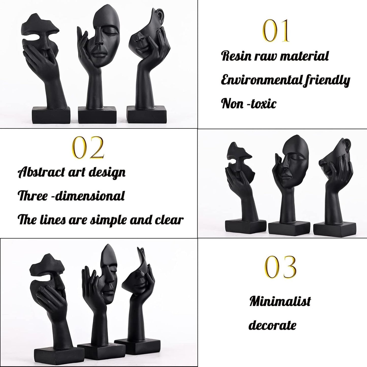 Black Home Decor Accent Art Woman Face Statue Collectible Statue for Modern Home Living Room Bookshelf Black Desk Decor 3 Pieces Set