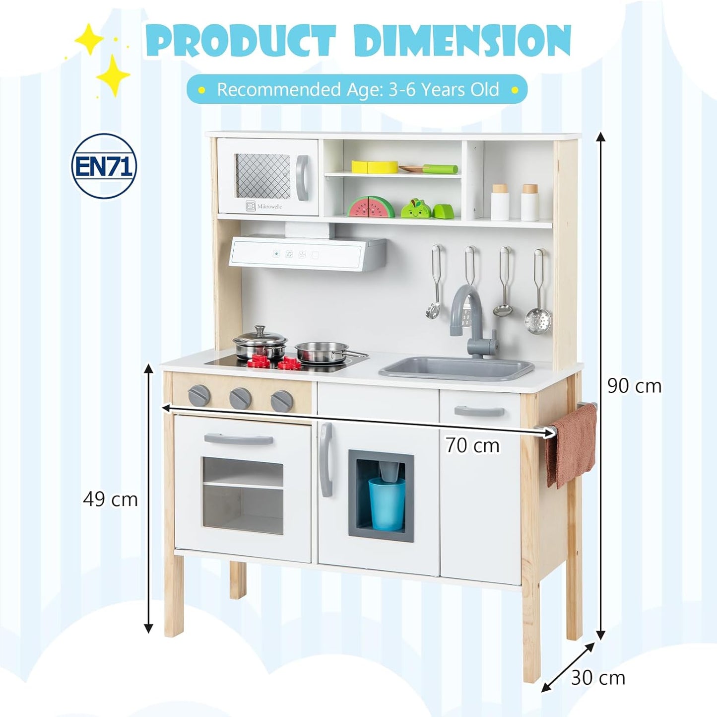 HONEY JOY Kids Kitchen Playset, Wooden Pretend Play Kitchen w/Microwave, Range Hood, Stoves, Play Sink, Oven, Ice Maker and 18 Accessories, Knobs with Sounds, Toy Kitchen with Towel Rack for Toddlers
