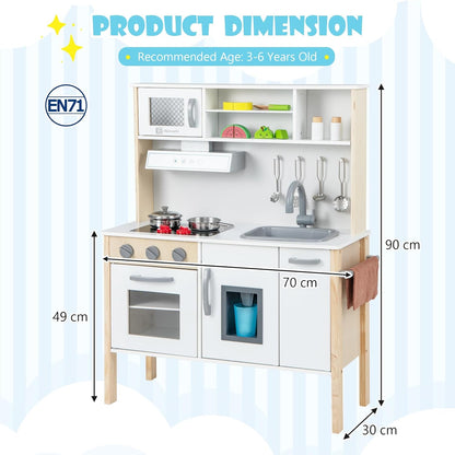 HONEY JOY Kids Kitchen Playset, Wooden Pretend Play Kitchen w/Microwave, Range Hood, Stoves, Play Sink, Oven, Ice Maker and 18 Accessories, Knobs with Sounds, Toy Kitchen with Towel Rack for Toddlers