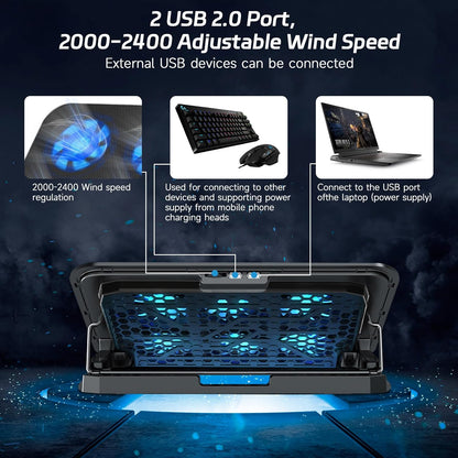 Naxifly Laptop Cooling Pad,Laptop Cooler with 6 Quiet Fans,6 Height ＆ 2000-2400 Wind Speed Adjustable,2 USB Port Gaming Cooling Stand for 12-18 Inch Notebook,Gaming Fan Stable Stand(Black)