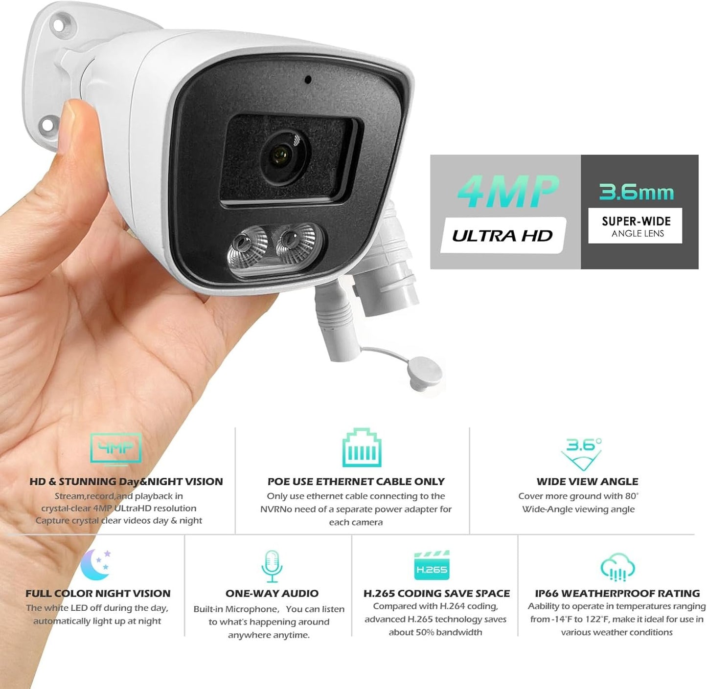 MWRCTV 4MP Wide Angle 2.8mm Lens 2560 * 1440 POE IP Security Surveillance Bullet Camera with Mic/Audio, Smart Dual Light AI Color Night Vision, IP67 Waterproof, NVR/RSTPï¼ˆMF427ï¼‰