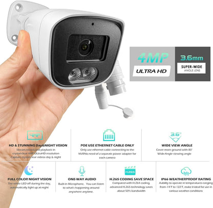 MWRCTV 4MP Wide Angle 2.8mm Lens 2560 * 1440 POE IP Security Surveillance Bullet Camera with Mic/Audio, Smart Dual Light AI Color Night Vision, IP67 Waterproof, NVR/RSTPï¼ˆMF427ï¼‰