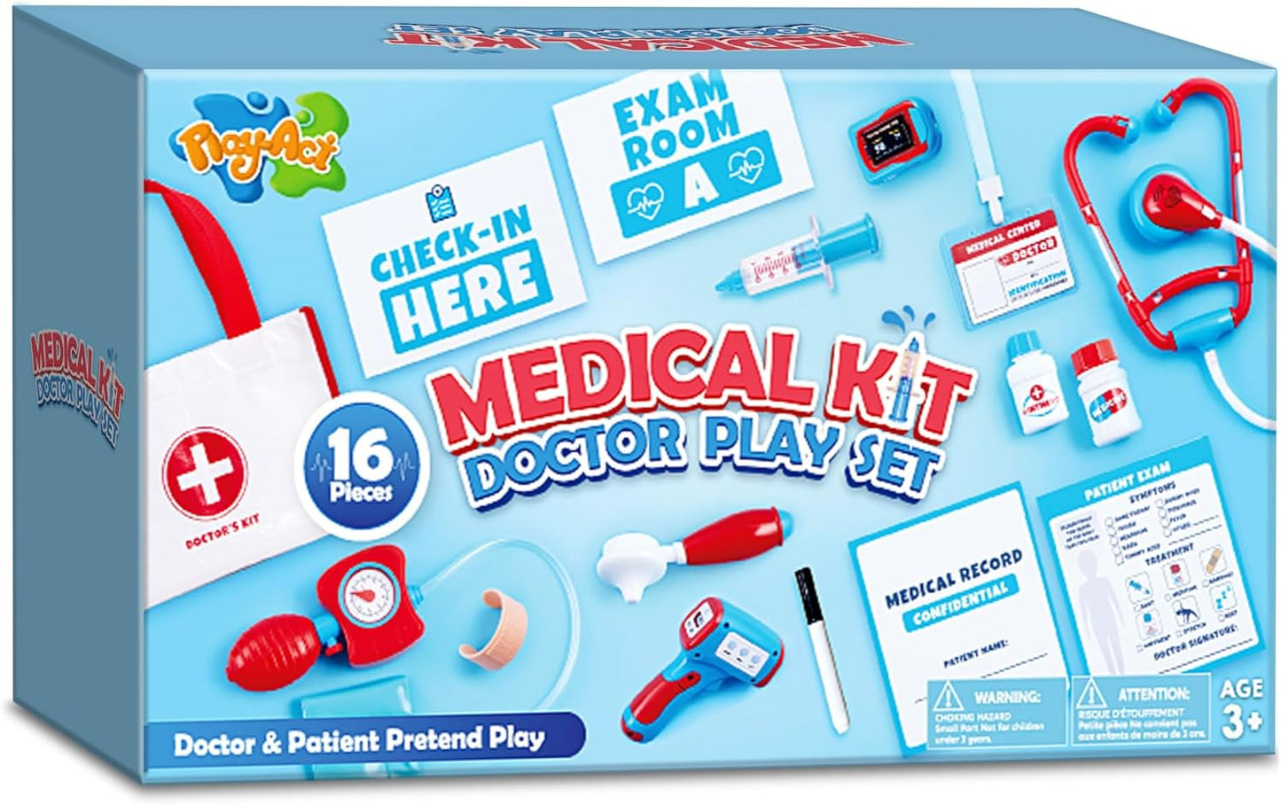 Play-Act Kids Doctor Kit, 16-Piece Pretend Play Medical Kit with Bag, Doctor Role Play Set with Realistic Toy Stethoscope, Reusable Record Cards, Dress Up Playset for Toddlers Ages 3+