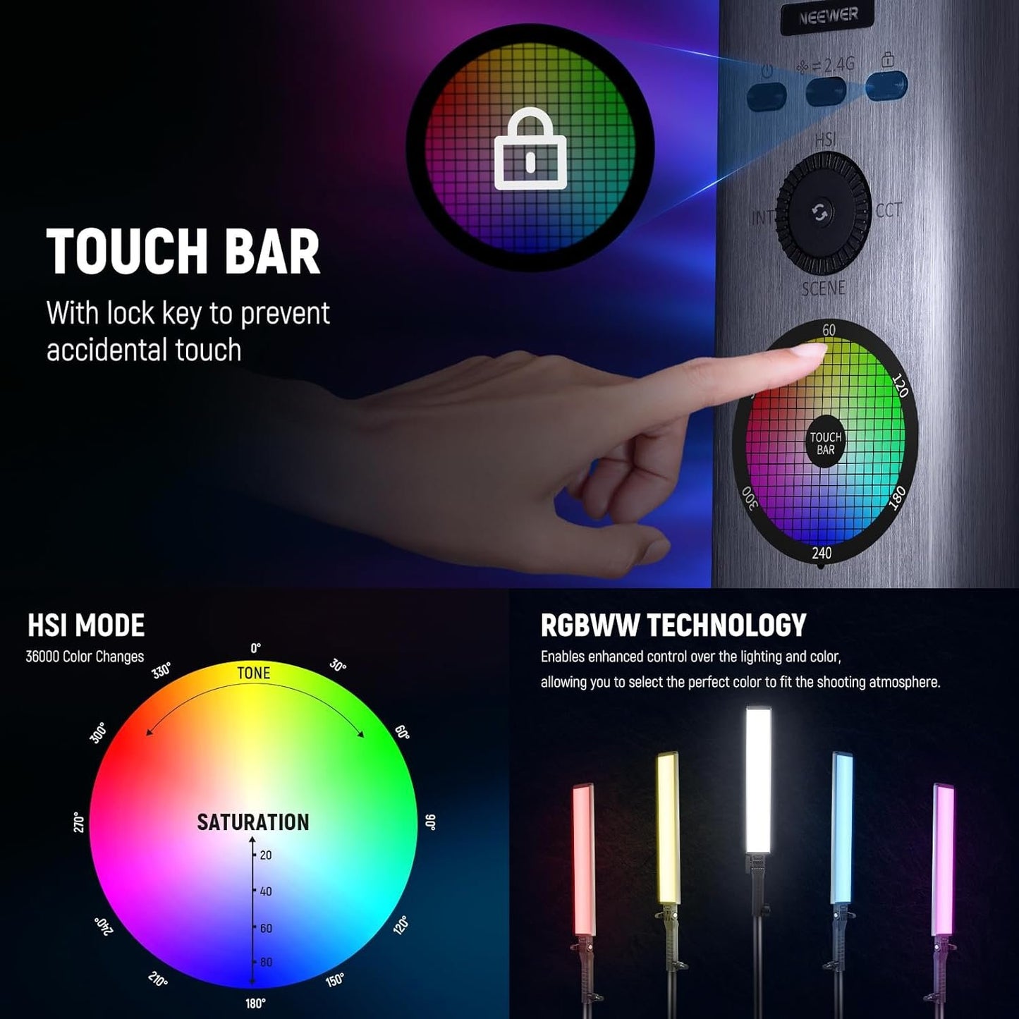 NEEWER RGB Light Wand with 2.4G/APP Control, Upgraded 360Â° Touchable RGBWW Hue Mixer Photography Handheld LED Video Lighting Stick with 2500K-10000K, CRI/TLCI97+, 18 Scenes, 7.4V/31Wh Battery, BH-30S