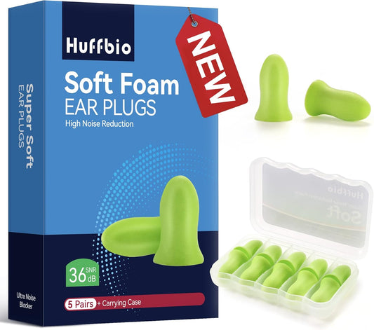 HUFFBIO Soft Foam Ear Plugs, 5 Pairs - 36dB SNR Best Ear Plugs for Sleep, Revolutionary Noise Cancelling Design, Super Soft & Reusable, For Deep Sleeping, Block out Snoring, Travel,Concert,Study,Work