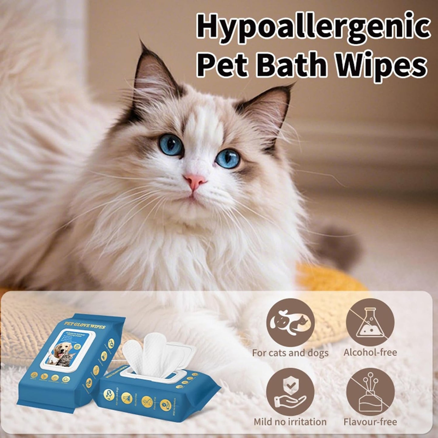 Pet Cleaning Gloves | 20X Cat Cleaning Wipes,Comfortable Waterless Washer Brush for Daily Care, Washing Grooming Bathing, Paw Hygiene