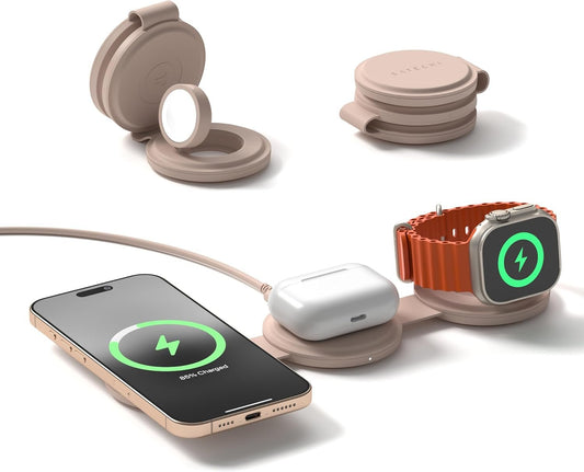 Satechi OntheGo™ 3 in 1 Wireless Charger, Qi2 Portable Charger with 15W Fast Charging for iPhone, 5W for Apple Watch, and 5W for AirPods, Magnetic Travel Charging Station – Desert Rose
