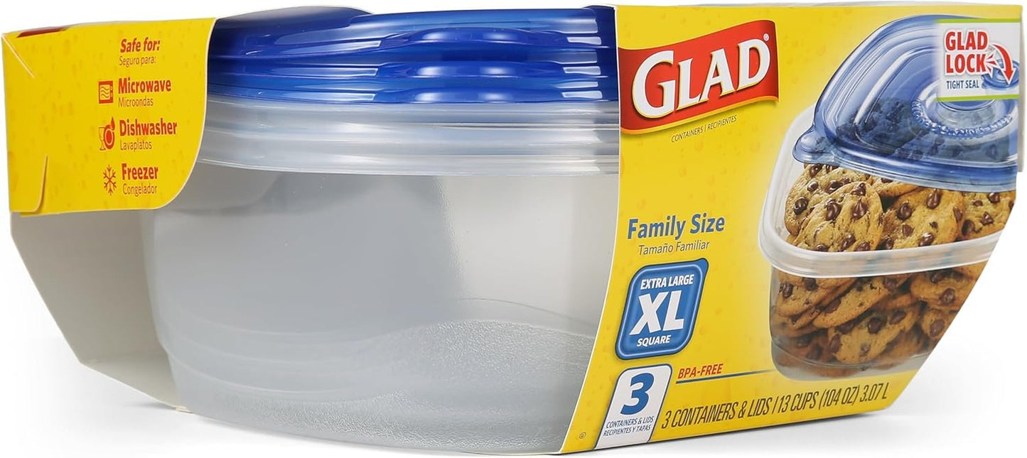 GladWare Family Size Food Storage Containers, XL | Large Square Food Storage, Containers Hold up to 104 Ounces of Food, Large Set 3 Count Food Containers | Plastic Food Container