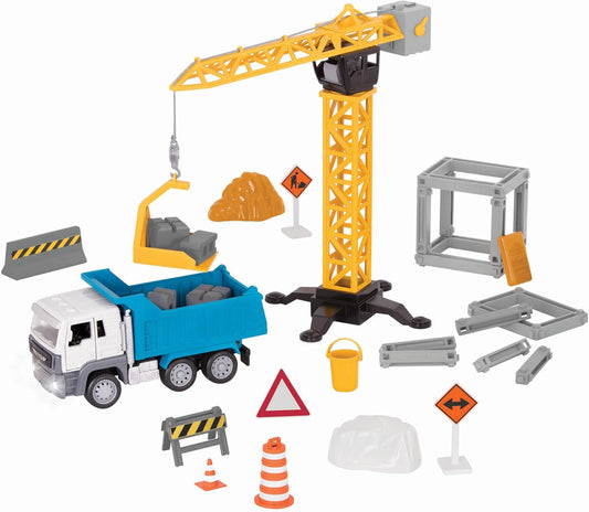 Driven by Battat Playset for Kids Dump Truck & Accessories - Pretend Toy, Signs, Beams, & More - 3 Years - Construction Crane Play Set (62pc), Multicoloured, Standard, WH1273Z