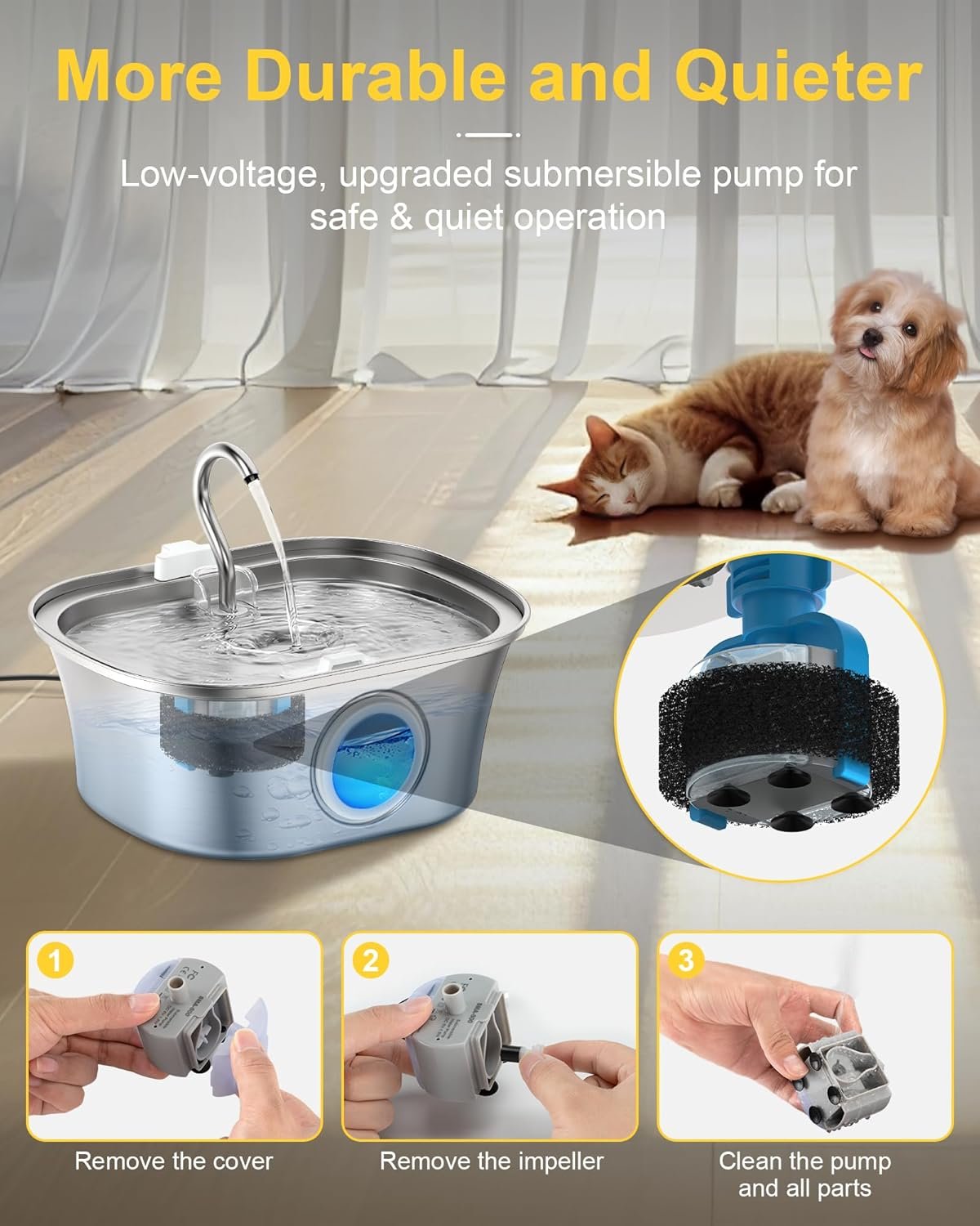 Stainless Steel Cat Water Fountain, 108oz/3.2L Automatic Pet Fountain Dog Water Dispenser & Pet Water-Bowl Cat Drinking Fountain with Ultra-Quiet Pump for Cats Feeding & Watering Supplies