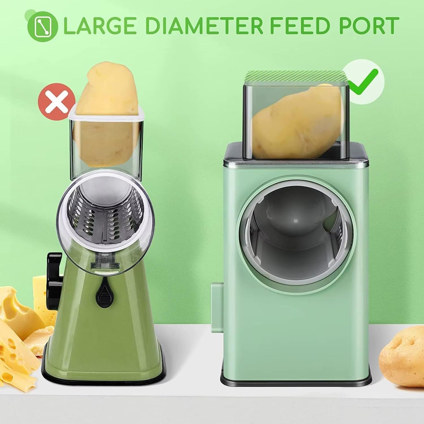 Rotary Cheese Grater with Handle - Vegetable Shredder with 3 Well-Designed Blades & Strong Suction Base, Round Mandoline Slicer & Multifunctional Food Vegetable Cutter Potato Slicer for Kitchen