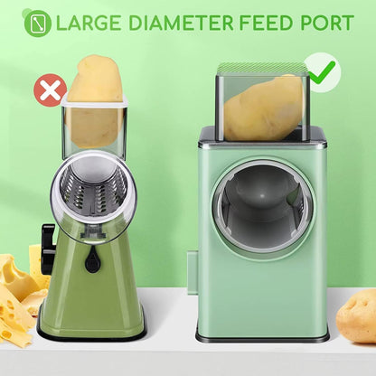 Rotary Cheese Grater with Handle - Vegetable Shredder with 3 Well-Designed Blades & Strong Suction Base, Round Mandoline Slicer & Multifunctional Food Vegetable Cutter Potato Slicer for Kitchen