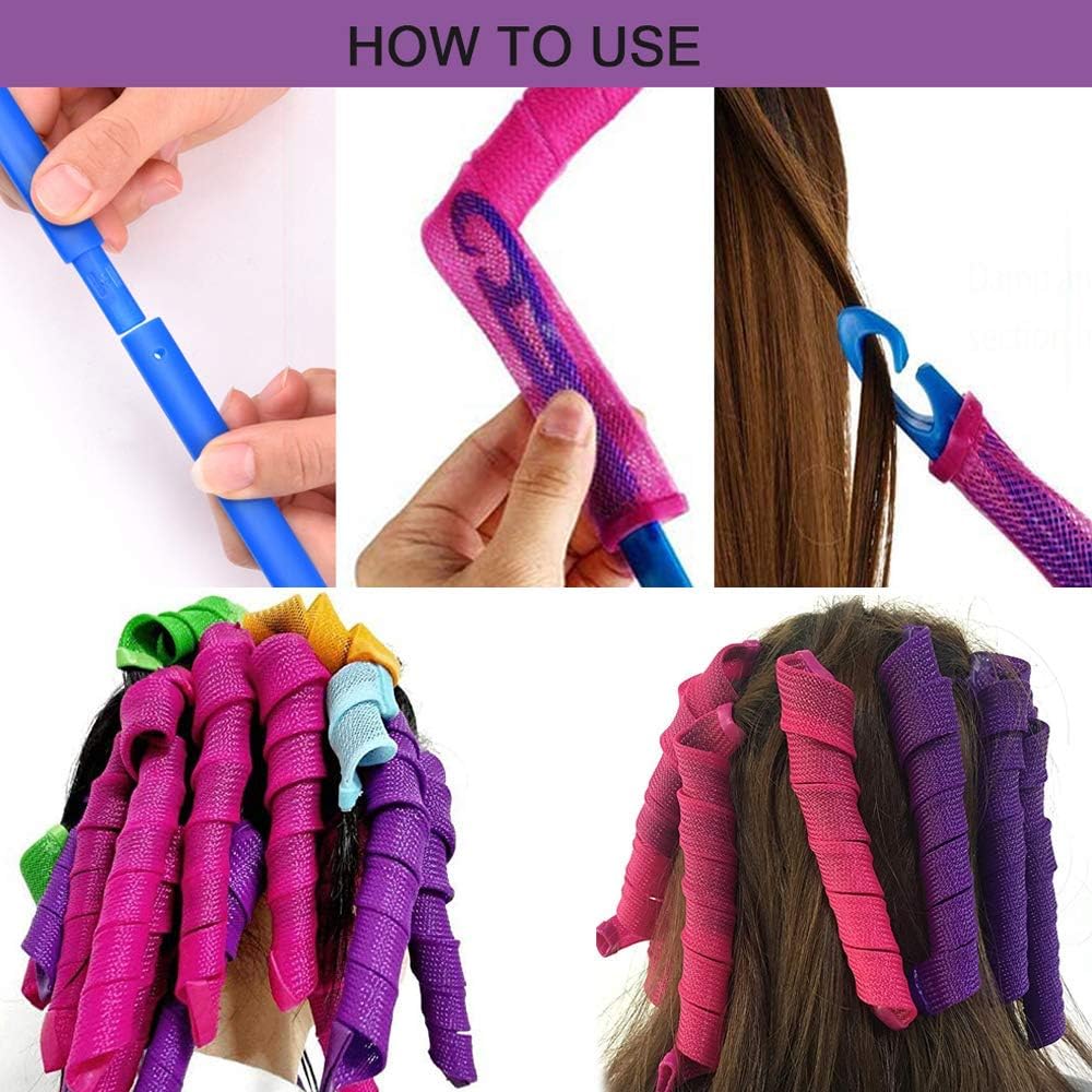 40pcs Spiral Hair Rollers DIY Overnight Heat Free Hook Curling Curlers Hair Curlers Hair Styling Tools for Women (Purple and Pink, 55cm)