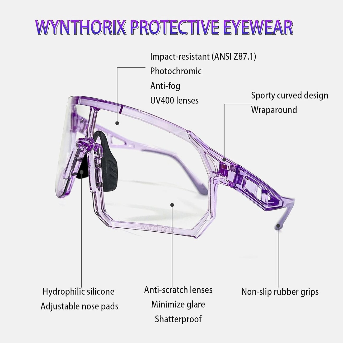 Wynthorix VeilGlam Pickleball Glasses for Women Photochromic Lens Protective Eyewear UV Protection Safety Sunglasses ANSI Z87 Anti Fog Scratch Tennis Squash Racquetball Goggles (Purple, Medium-Large)