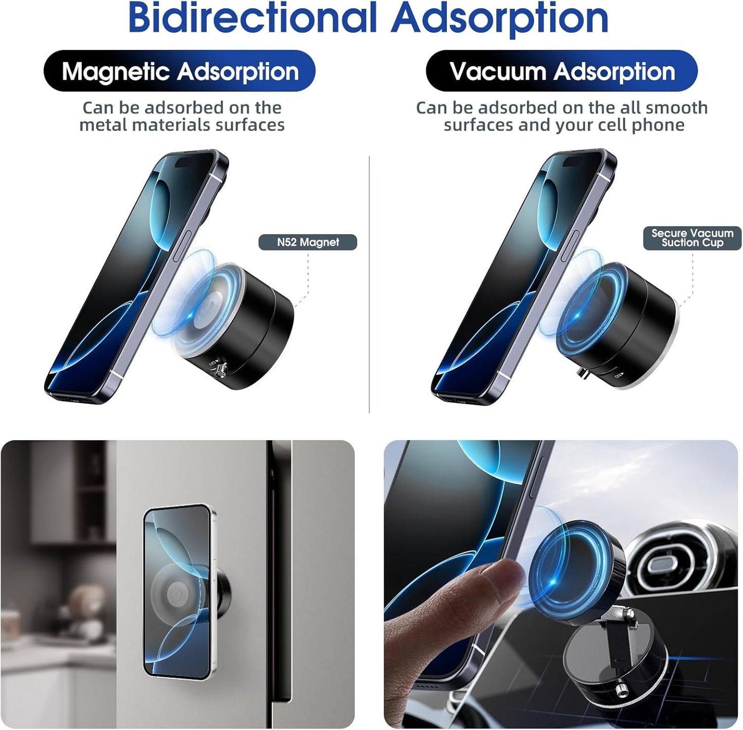 Vacuum Suction Magnetic Phone Holder, Upgrade Magnetic Suction Phone Mount Foldable & Retractable Vacuum Cell Phone Stand Double-Sided Car Phone Holder for All Phones Car/Mirror/Gym-Black