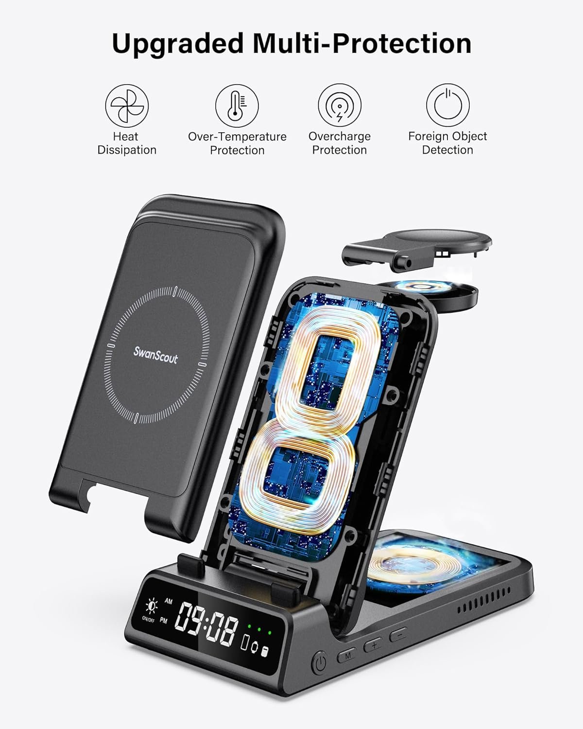 SwanScout 3 in 1 Wireless Charging Station for Samsung S25, Foldable Charger Dock for Galaxy Watch Ultra/7/6/5/4/FE, Galaxy S25/S24/Note20/Z Fold, Buds Pro/3/2, Model 703S (No Adapter) (Black)