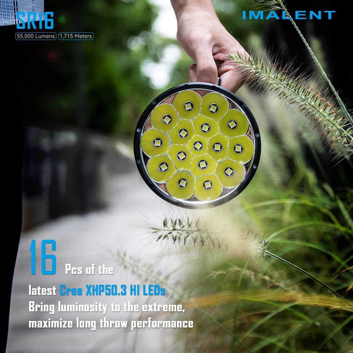 IMALENT SR16 Brightest LED Torch 55000 Lumens, Handheld Tactical Torch with Spotlight Throw 1715 Meters, Rechargeable Flashlight Max 98 Hours Runtime Best for Outdoor, Camping, Hiking, Emergency