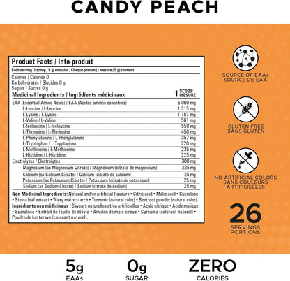 Revolution Nutrition, Pure EAA Powder, Essential Amino Acid, Post Workout, Zero Calorie, Zero Sugar, Gluten Free, Enhanced with Electrolytes, 5g EAAs, 240 g, 26 Servings (Candy Peach, 0.53 Pound)