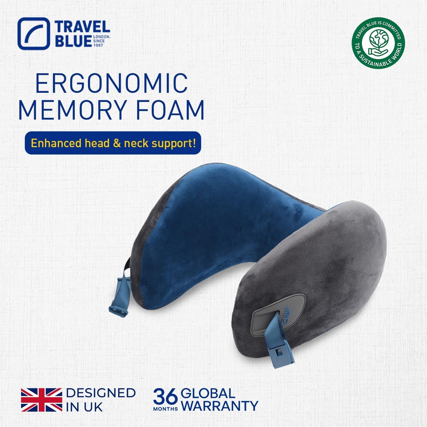 Travel Blue Infinity Neck Support Pillow - Premium Memory Foam Travel Pillow with 360 Degree Neck Support for Comfort and Pain Relief - Ideal for Airplane, Car and Train Travel (Blue)