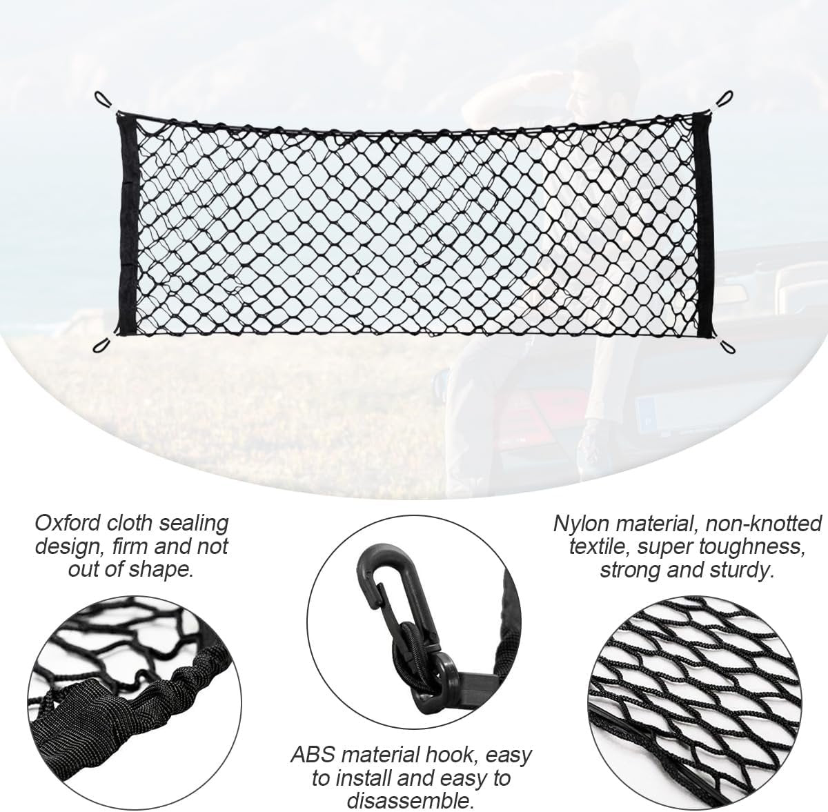 TSUGAMI Car Rear Cargo Net, Double-Layer Adjustable Stretchable Elastic Storage Organizer Net, Trunk Cargo Storage Mesh Net with Hooks, Car Interior Accessories Fit for Car, Trucks, SUV (Large)