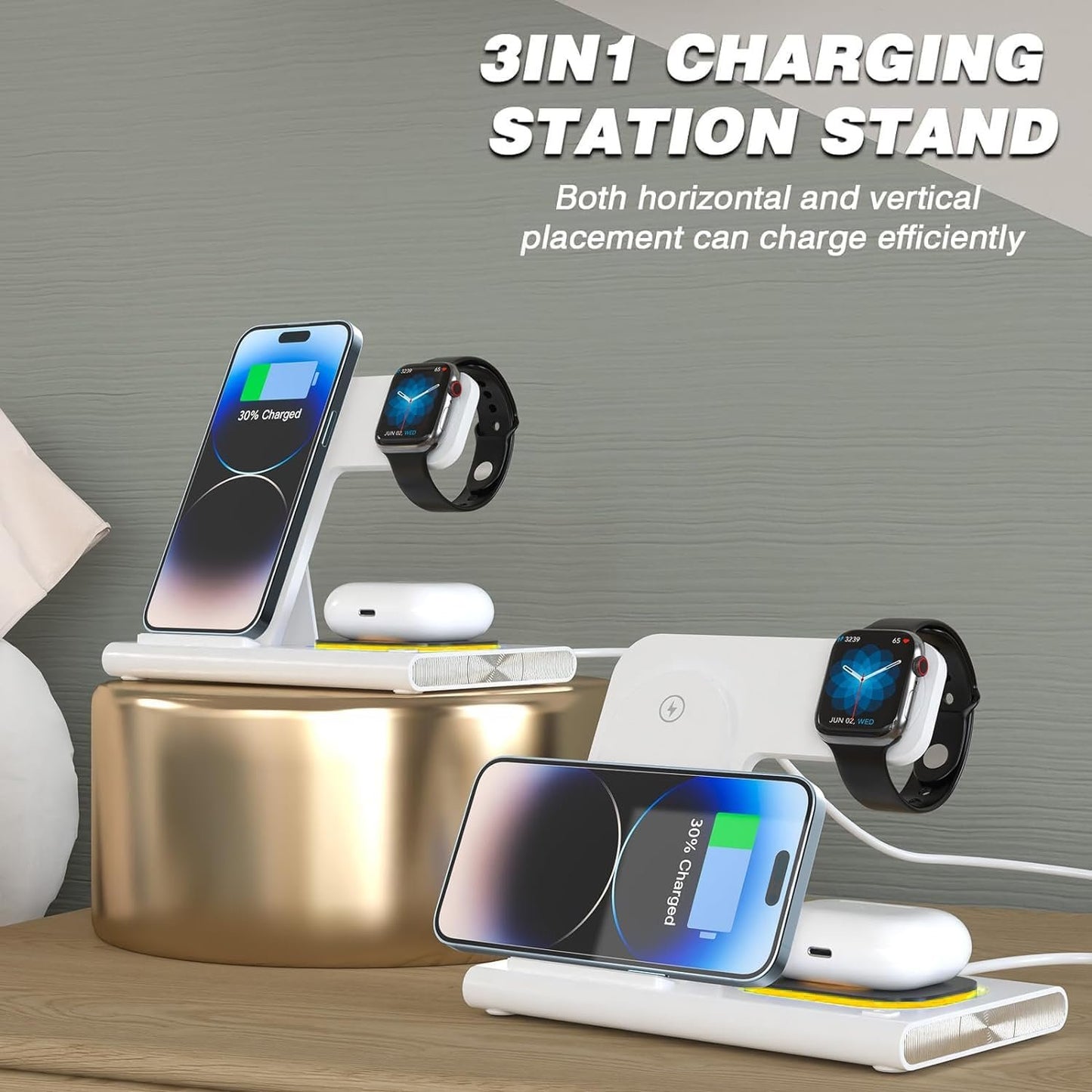 ZHAM 4in1 Foldable Wireless Charger, Total 23W Fast Wireless Charging Station Compatible with iWatch 8/7/SE/6/5/4/3/2,Air Pods 3/2/Pro,iPhone 14 13 12 11 Series/Samsung Galaxy S Note (White)