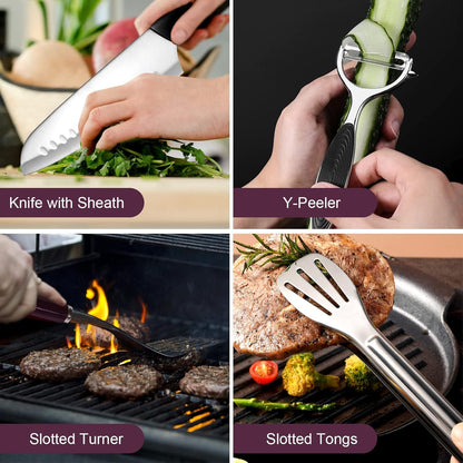 Odoland 8pcs Camping Kitchen Utensil Set, Cooking Utensil Organizer with Water Resistant Case for BBQ, Travel,Camping, Hiking, Cooking and Outdoor Activities