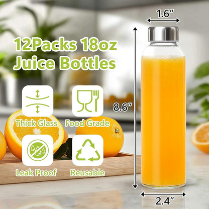 KEYWING 12Pack Glass Juice Bottles with Lids, 18oz Clear Juicing Bottle with Reusable Glass, Leak Proof Water Bottles with Airtight Stainless Steel Cap for Juice, Milk, Coffee