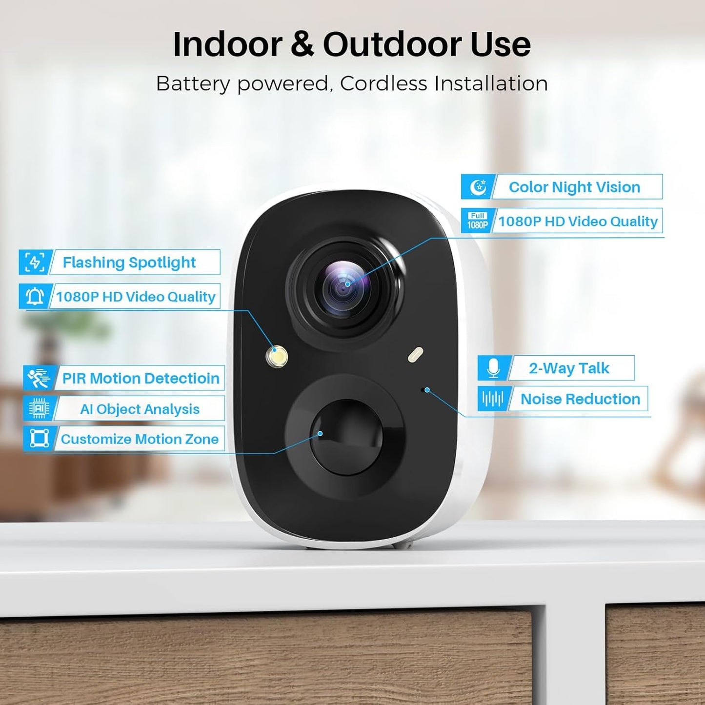 Security Cameras Wireless Outdoor, Outside Cameras for Home Security with AI Motion Detection, Recharge Battery Powered, 2K Color Night Vision, IP66 Weatherproof, 2-Way Talk, SD/Cloud Storage