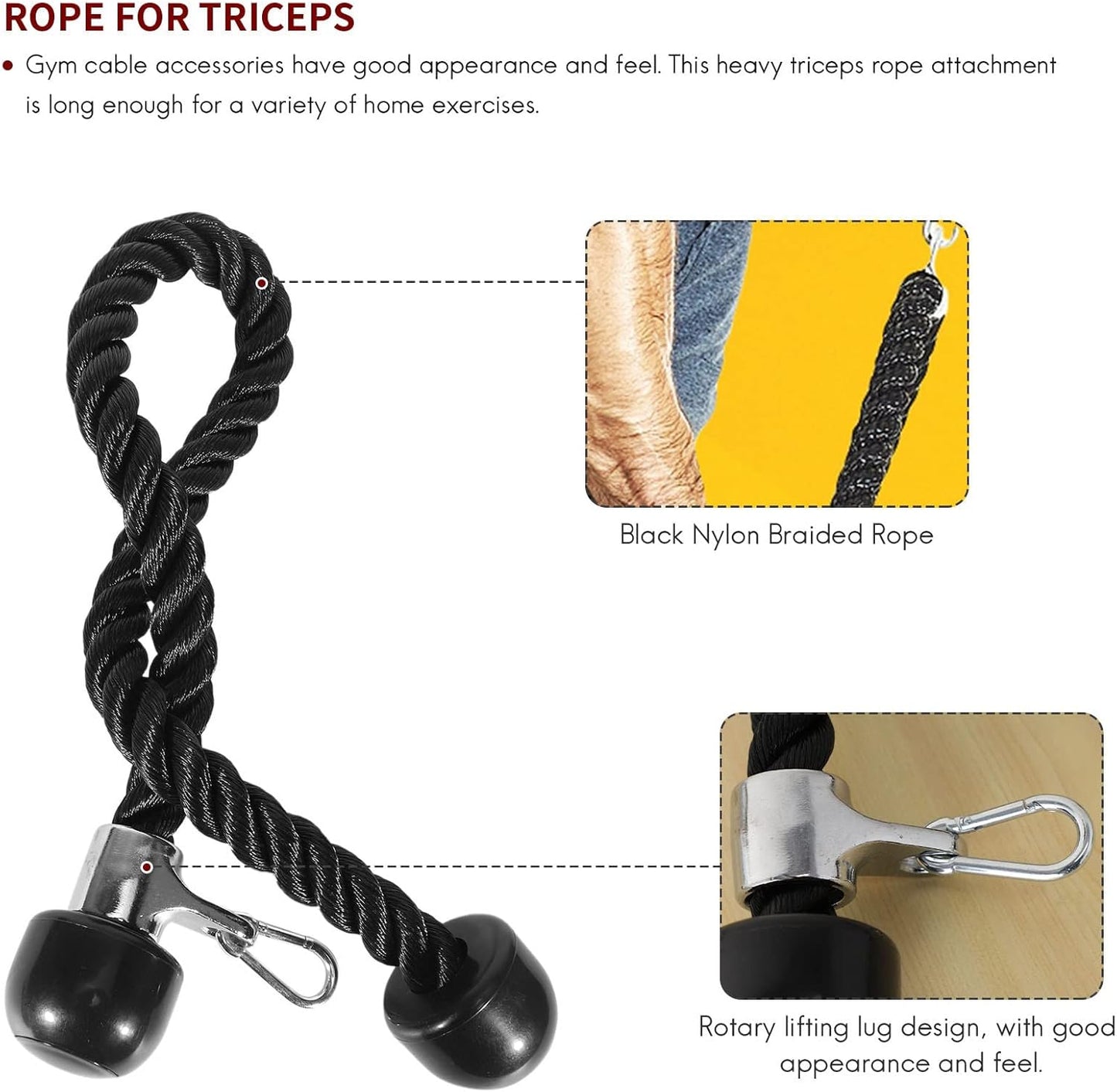 POOSR Heavy Duty Tricep Pull Down Rope 36 Inches with Snap Hook, Fitness Attachment Cable Machine Pulldown Rope for Home Gym