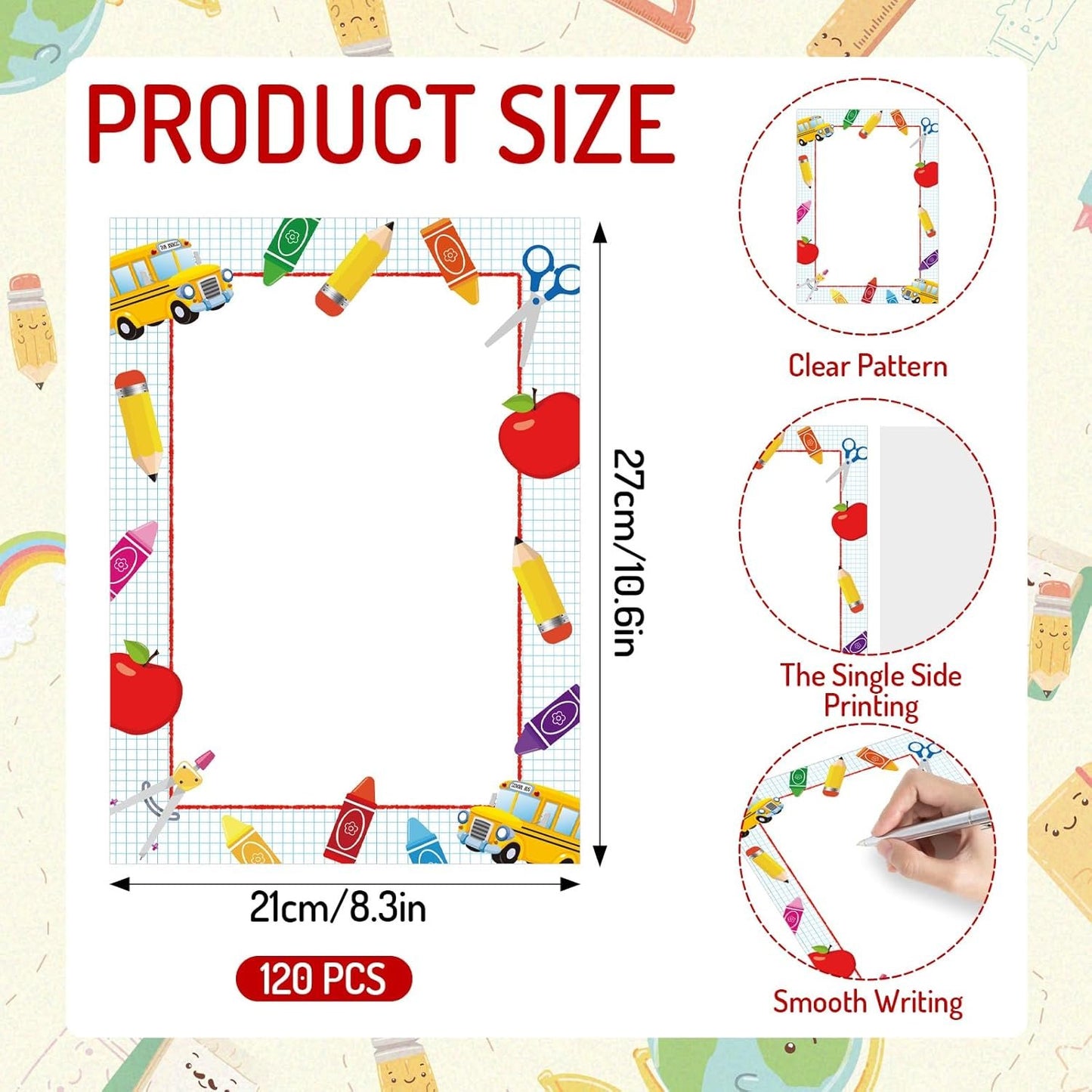 Whaline 120Pcs Back to School Stuff Letterhead Paper Apples Bus Pattern Border Stationery Paper Computer Printing Writing Letters for First Day of School Classroom Supplies, 8.5 x 10.6 Inch