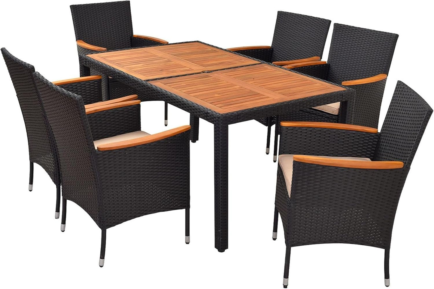 ORALNER 7 Pieces Outdoor Dining Set, Wicker Dining Table and Chairs Set with Acacia Wood Table Top, Seat Cushions, Rattan Patio Dining Table Set for 6, Garden Yard Poolside Deck, Brown