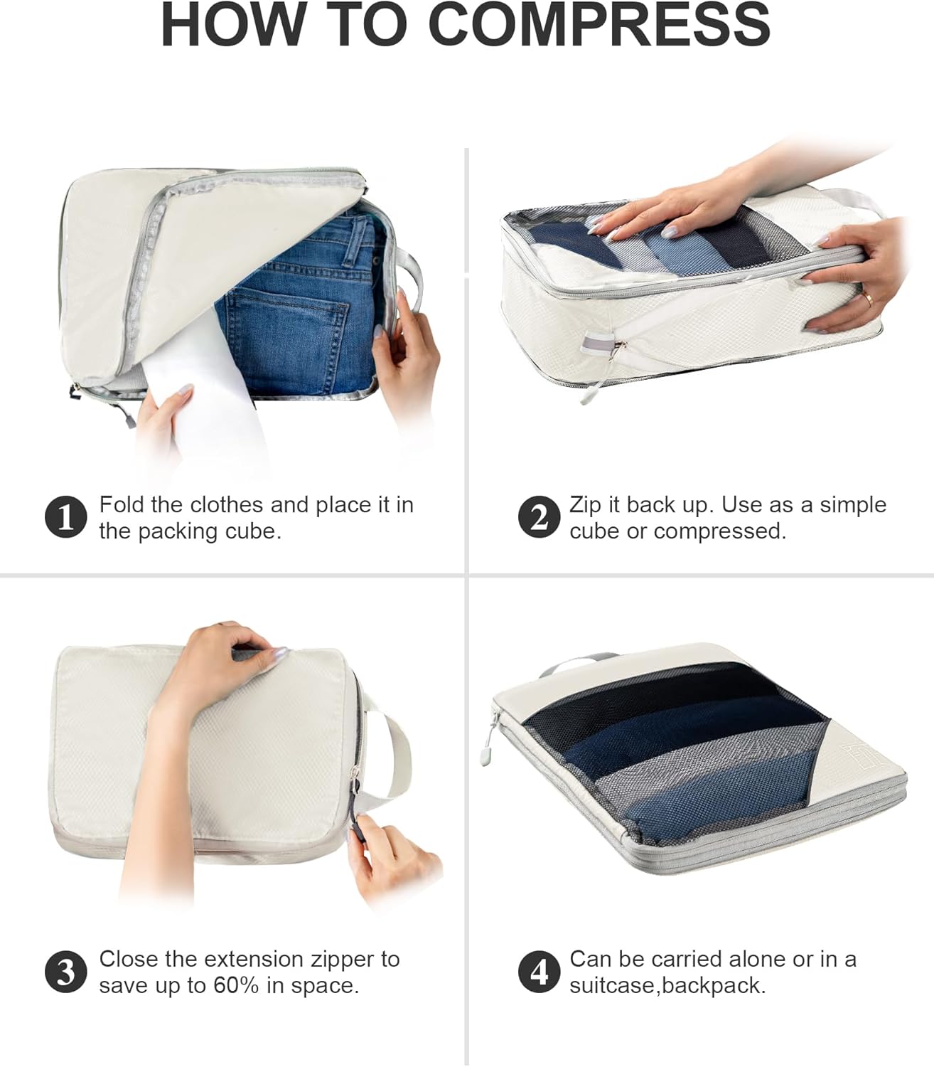 Koncle Compression Packing Cubes for Suitcases, Extensible Travel Packing Cubes, Mesh Luggage Suitcase Organizer Bags, Large Medium Small Slim Packing Cube, Travel Suitcase Accessories Cream
