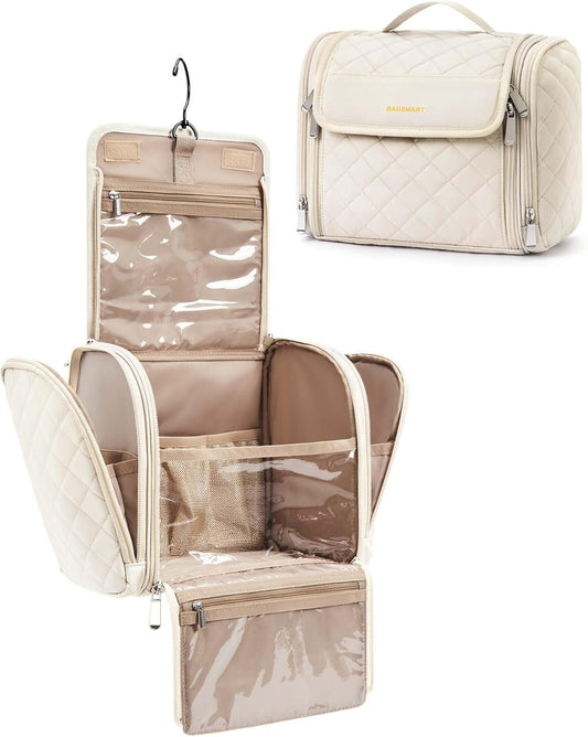 BAGSMART Travel Makeup Bag, Cosmetic Bag Make Up Organizer Case, Large Capacity Water-Resistant Organizer for Toiletries Accessories Brushes Sponge, with Hanging Hook and Handle, Beige